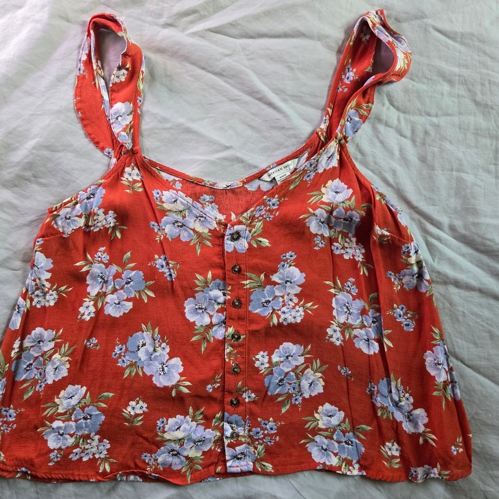 American Eagle Orange Floral Button Front Tank Top Womens Medium Flowy Cami
